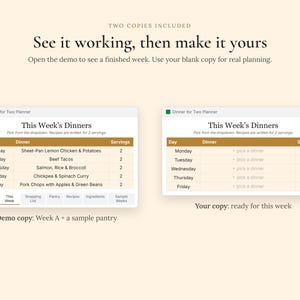 May include: Two digital dinner planner templates titled Dinner for Two Planner. The left shows a completed weekly schedule with meals like Sheet-Pan Lemon Chicken. The right shows a blank template with dropdown menus for planning your own meals.