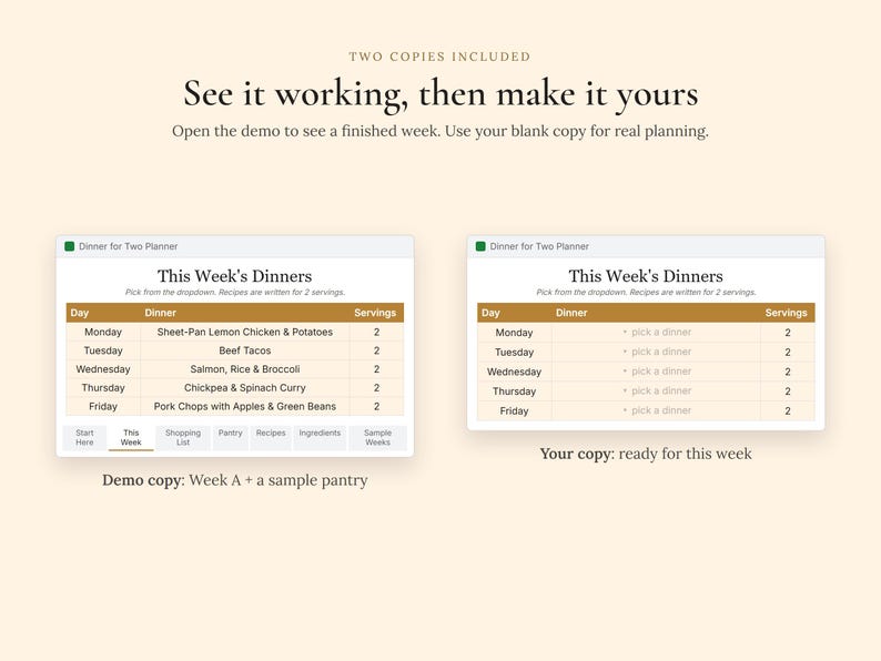 May include: Two digital dinner planner templates titled Dinner for Two Planner. The left shows a completed weekly schedule with meals like Sheet-Pan Lemon Chicken. The right shows a blank template with dropdown menus for planning your own meals.