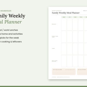 Pu&ograve; includere: Un modello di pianificatore settimanale dei pasti per la famiglia su carta bianca con testo verde scuro. Il layout include sezioni per colazione, pranzi, cena e attivit&agrave;, oltre a campi per le scelte dei bambini e per gli avanzi.