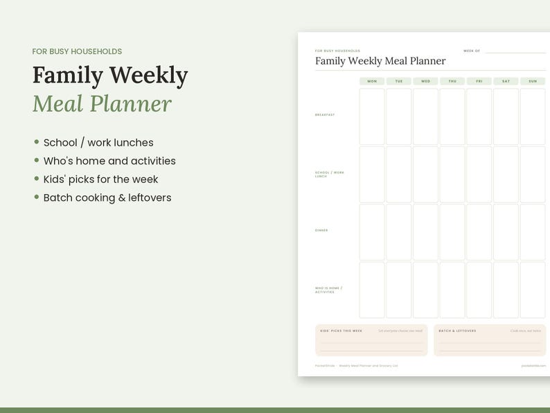 Pu&ograve; includere: Un modello di pianificatore settimanale dei pasti per la famiglia su carta bianca con testo verde scuro. Il layout include sezioni per colazione, pranzi, cena e attivit&agrave;, oltre a campi per le scelte dei bambini e per gli avanzi.