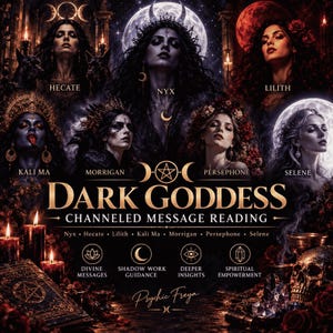 Pode incluir: Um gráfico digital intitulado Dark Goddess Channeled Message Reading com retratos de Hecate, Nyx, Lilith, Kali Ma, Morrigan, Persephone e Selene. A imagem inclui velas, uma caveira e texto sobre mensagens divinas e orientação.