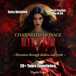 May include: A digital illustration of a person with long dark hair wearing a red dress against a gold circular background. Text reads: Extra Detailed, Real Psychic No AI BS, CHANNELED MESSAGE LILITH, liberation through shadow and truth, 20+ Years Experience, Psychic Freya.
