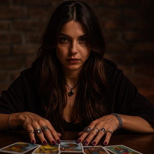 May include: A person with long dark hair and multiple rings on their fingers sits at a wooden table with tarot cards. A necklace and bracelet are also visible. A lit red candle is in the background. The person is wearing a dark-colored top.