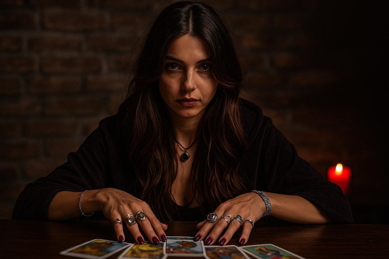 May include: A person with long dark hair and multiple rings on their fingers sits at a wooden table with tarot cards. A necklace and bracelet are also visible. A lit red candle is in the background. The person is wearing a dark-colored top.