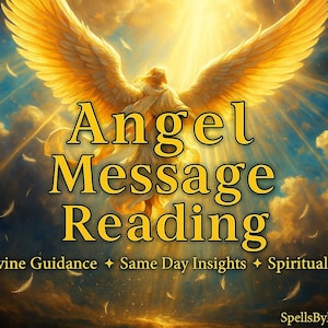 May include: Digital artwork depicting an angel with golden wings, set against a background of clouds and sunlight. The text overlay reads "Angel Message Reading", with additional text about guidance and clarity.