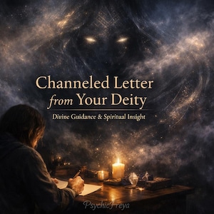 Op de afbeelding: Artistieke afbeelding met de tekst "Channeled Letter from Your Deity" en "Divine Guidance & Spiritual Insight". Een persoon schrijft aan een tafel verlicht door kaarslicht. Een schimmige figuur doemt op in de achtergrond.
