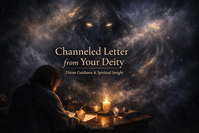 May include: An artistic image with the text "Channeled Letter from Your Deity" and "Divine Guidance & Spiritual Insight." A person is writing at a table illuminated by candlelight. A shadowy figure looms in the background.