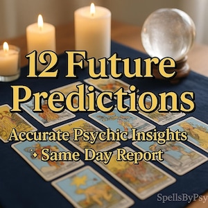 May include: A still life arrangement featuring tarot cards, lit candles, and a crystal ball. The text overlay reads "12 Future Predictions" and "Accurate Psychic Insights". The scene is set on a dark blue surface.