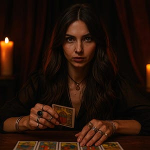 May include: A person holding a tarot card, surrounded by lit candles. The person is wearing a black top and multiple rings. Several tarot cards are laid out on a wooden table. The scene is dimly lit, creating a mystical atmosphere.