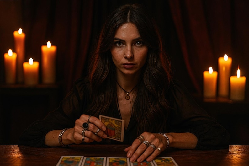 May include: A person holding a tarot card, surrounded by lit candles. The person is wearing a black top and multiple rings. Several tarot cards are laid out on a wooden table. The scene is dimly lit, creating a mystical atmosphere.
