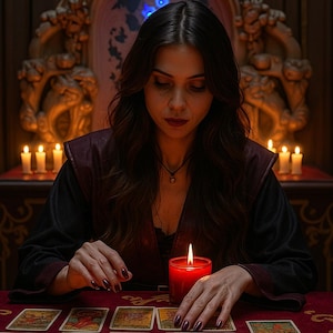 May include: A person is seated at a table with tarot cards, illuminated by a red candle. The person is wearing a dark outfit with a burgundy-colored top. Several lit candles and ornate carvings are in the background, creating a mystical atmosphere.