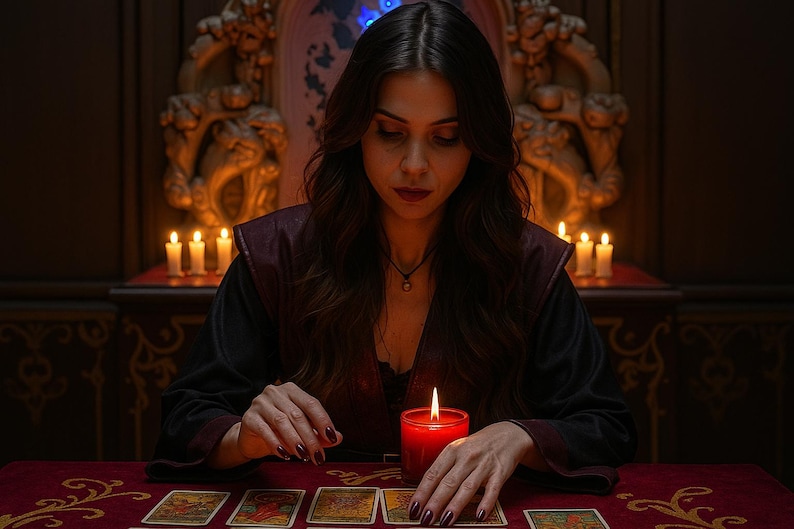 May include: A person is seated at a table with tarot cards, illuminated by a red candle. The person is wearing a dark outfit with a burgundy-colored top. Several lit candles and ornate carvings are in the background, creating a mystical atmosphere.