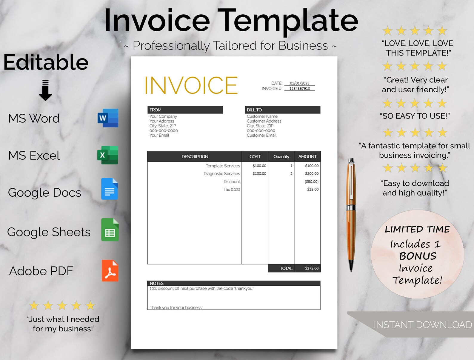 Invoice Template Pdf/google Docs/word. Business Invoice. Invoice Word