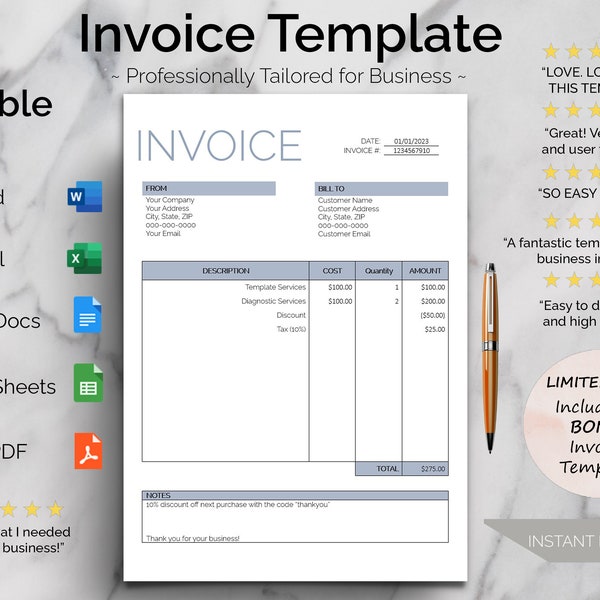 Modèle de facture PDF/Google Docs/Word. Facture professionnelle. Mot de la facture. Facture modifiable. Facture personnalisée. Facture imprimable. Formulaire de facture.