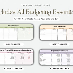 This budget planner has all the essentials that any budget spreadsheet would be. It has a debt tracker, a bill tracker, a savings tracker and an expense tracker.