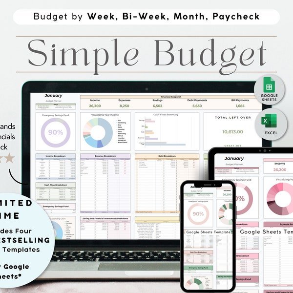 Planer für Google Sheets | Monatliche Budget Tabelle | Wöchentliche Budget Vorlage | Paycheck Budget Tracker, zweiwöchentliches Budget, Budgetierung