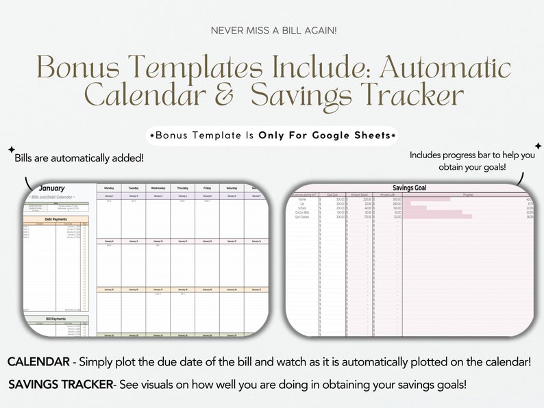 This budget planner includes bonus items such as a dynamic calendar that will adjust with your dates and log key bill and debt payment dates. Along with a savings planner that will help you reach your savings goals easier!