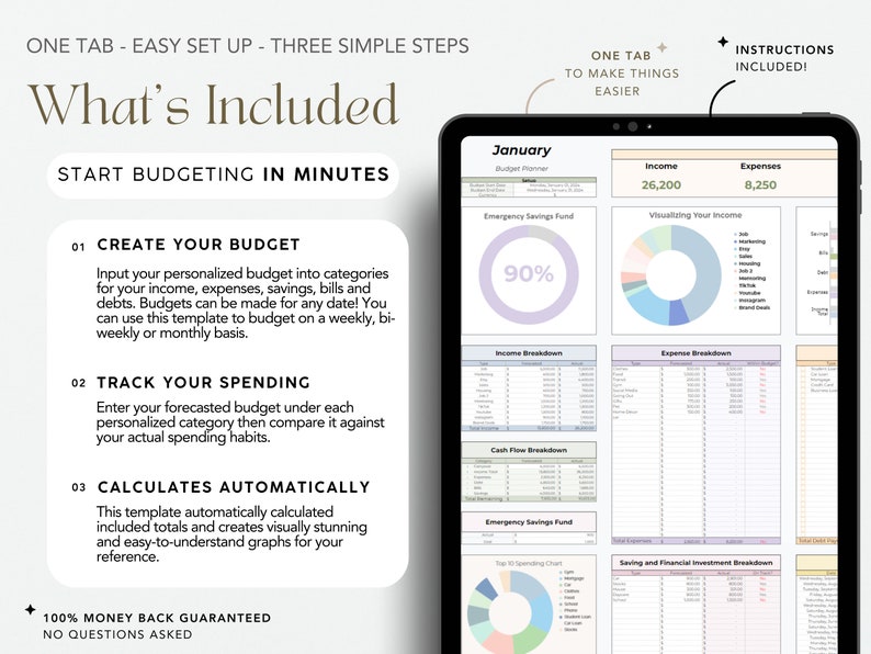 This budget planner can be set up in minutes! Everything in this budget spreadsheet is located within one tab.