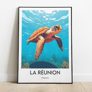 Isla Reunión, Francia, Póster, Impresión de viaje, Ilustración de tortuga