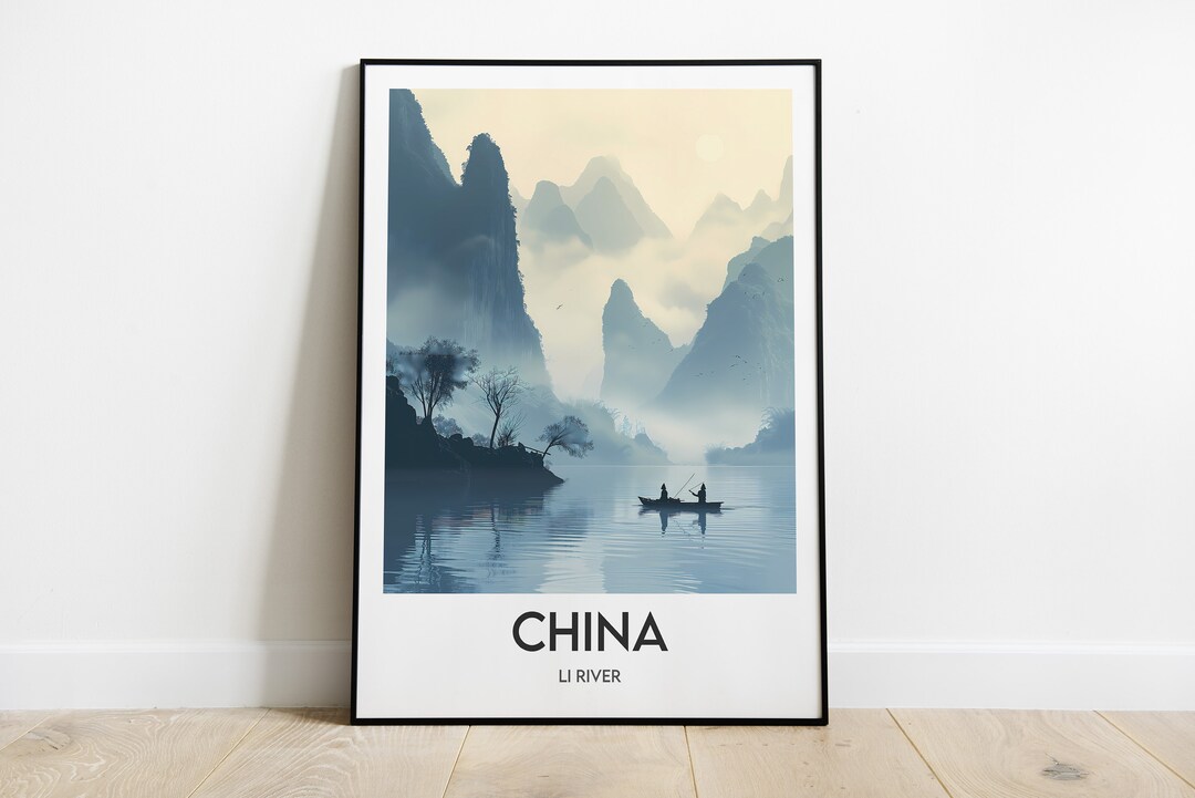 Large Chin Li Poster Li River Wall Poster: Asian Landscape Illustration - Optional Wooden ...