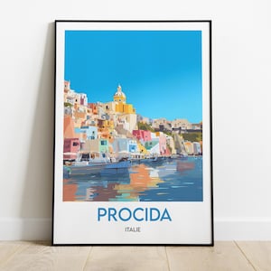 May include: A framed art print featuring a colorful coastal town scene. The image showcases buildings in shades of yellow, pink, and blue, with boats in the water. The text "PROCIDA ITALIE" is displayed at the bottom of the print.
