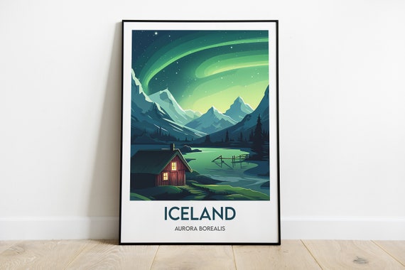 Art mural voyage : aurore boréale d’Islande, cadre bois ou numérique