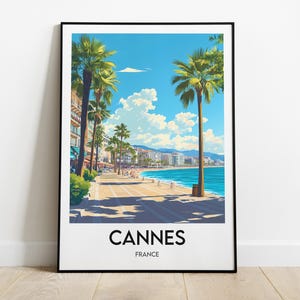 Cartel de Cannes - La Croisette | Cartel Riviera Francesa Francia | Ilustración de la Riviera Francesa | Decoración de playa con palmeras | Regalo de viaje a Cannes - Imprimir