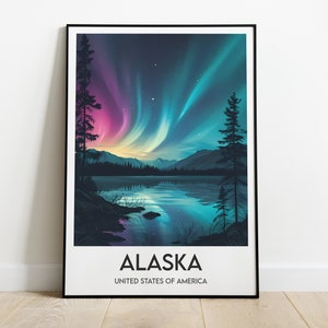 Póster de Alaska - Póster de viaje a Alaska - Póster turístico - Decoración del hogar - Póster de Estados Unidos - Auroras boreales en Alaska