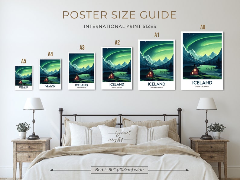 May include: A guide to international poster sizes, showing the different sizes of posters from A5 to A0. The posters feature a green and blue image of a cabin in Iceland with the Northern Lights in the sky. The text "ICELAND" and "AURORA BOREALIS" is printed on each poster. The posters are displayed on a wall above a bed with a headboard and two nightstands.