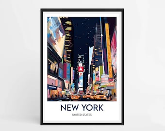 May include: A colorful illustration of Times Square in New York City at night. The image features tall buildings with bright lights and billboards, and yellow taxis driving down the street. The text "NEW YORK" and "UNITED STATES" is printed below the image.
