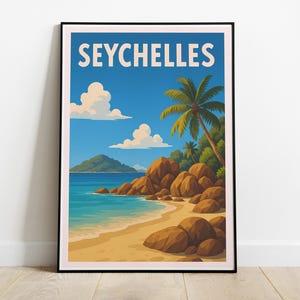 Seychellen Poster | Vintage Retro-Stranddruck | Wandkunst aus dem Indischen Ozean | Reisegeschenk - Flitterwochen