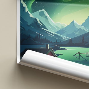 May include: A digital illustration of a snowy mountain range with a lake in the foreground. The sky is a deep blue with green and white aurora borealis. A small cabin is visible on the shore of the lake.