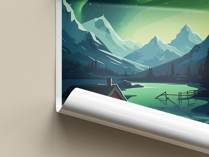 May include: A digital illustration of a snowy mountain range with a lake in the foreground. The sky is a deep blue with green and white aurora borealis. A small cabin is visible on the shore of the lake.