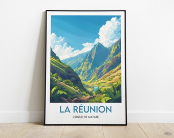 May include: A colorful illustration of a mountain valley in La Réunion, a French island in the Indian Ocean. The text "LA RÉUNION" and "CIRQUE DE MAFA