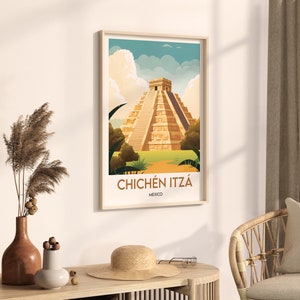 May include: A vintage-style poster featuring a cartoon illustration of the Chichen Itza pyramid in Mexico. The poster has a brown background with a blue sky and white clouds. The text "Chichen Itza" is written in brown letters at the bottom of the poster.