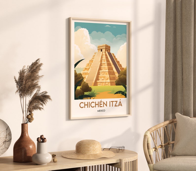 May include: A vintage-style poster featuring a cartoon illustration of the Chichen Itza pyramid in Mexico. The poster has a brown background with a blue sky and white clouds. The text "Chichen Itza" is written in brown letters at the bottom of the poster.