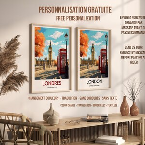 Pu&ograve; includere: Due poster di viaggio in stile vintage con illustrazioni di Londra, Inghilterra. Il poster a sinistra &egrave; in francese e dice "Londres" con il testo "Royaume-Uni" sotto. Il poster a destra &egrave; in inglese e dice "London" con il testo "United Kingdom" sotto. Entrambi i poster presentano una cabina telefonica rossa, Big Ben e un ponte.