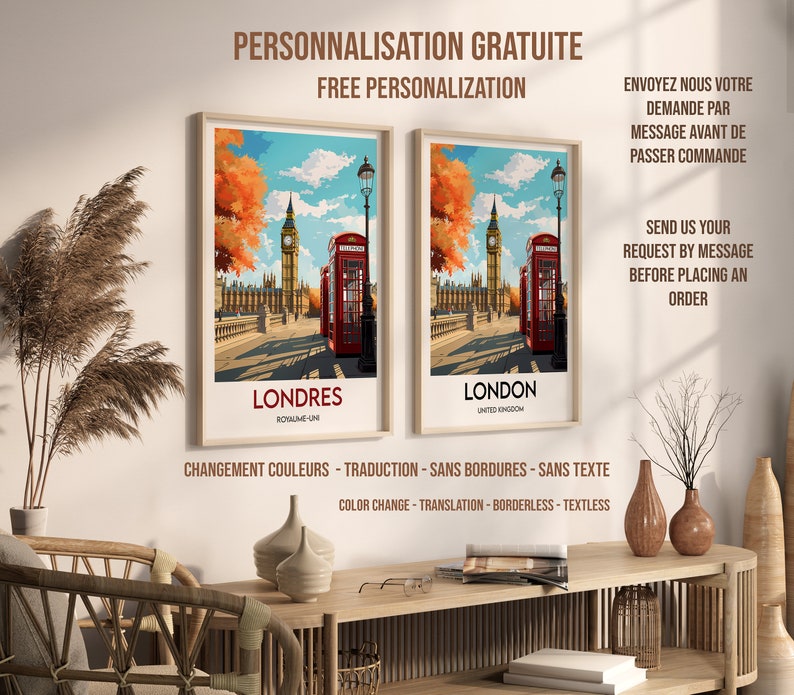 Pu&ograve; includere: Due poster di viaggio in stile vintage con illustrazioni di Londra, Inghilterra. Il poster a sinistra &egrave; in francese e dice "Londres" con il testo "Royaume-Uni" sotto. Il poster a destra &egrave; in inglese e dice "London" con il testo "United Kingdom" sotto. Entrambi i poster presentano una cabina telefonica rossa, Big Ben e un ponte.