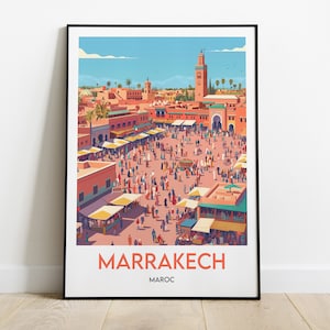 May include: A colorful illustration of a bustling marketplace in Marrakech, Morocco. The image features a large square with many people walking around, shops, and a tall minaret in the background. The text "MARRAKECH" and "MAROC" is printed at the bottom of the image.
