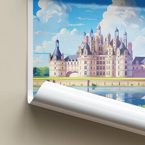 May include: A colorful illustration of a large, white castle with blue roofs and towers. The castle is surrounded by a moat and green grass. The sky is blue with white clouds.