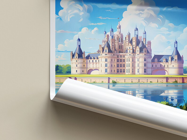 May include: A colorful illustration of a large, white castle with blue roofs and towers. The castle is surrounded by a moat and green grass. The sky is blue with white clouds.