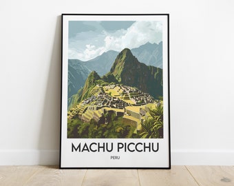 May include: A colorful illustration of Machu Picchu, an ancient Incan citadel located in the Cusco Region of Peru. The image features a mountaintop view of the ruins, with lush green vegetation and a cloudy sky.