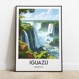 May include: A colorful illustration of Iguazu Falls in Argentina. The image shows a wide view of the falls, with lush green foliage surrounding the water.