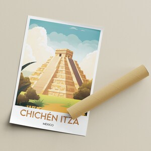May include: A vintage-style travel poster featuring a colorful illustration of the Chichen Itza pyramid in Mexico. The poster has a blue sky with white clouds and green trees surrounding the pyramid.