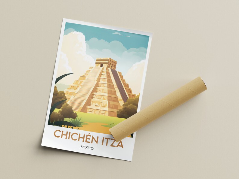 May include: A vintage-style travel poster featuring a colorful illustration of the Chichen Itza pyramid in Mexico. The poster has a blue sky with white clouds and green trees surrounding the pyramid.