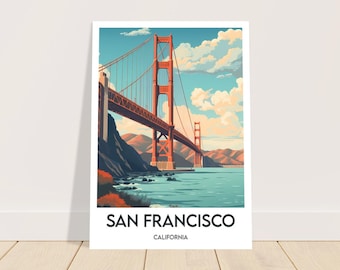 May include: A vintage-style illustration of the Golden Gate Bridge in San Francisco, California. The bridge is red and has a blue sky and white clouds in the background.