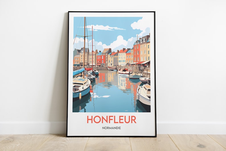 May include: A colourful illustration of the harbour in Honfleur, France. The image shows a row of colourful buildings along the waterfront, with boats docked in the harbour. The sky is blue with white clouds, and the water is a light blue. The text "Honfleur" and "Normandie" is printed in red at the bottom of the image.