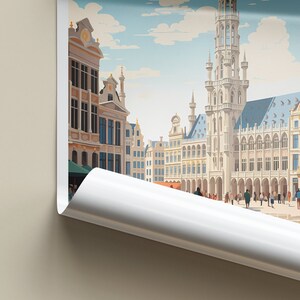 May include: A colorful illustration of the Grand Place in Brussels, Belgium. The image features the iconic Town Hall with its tall spire and ornate facade, surrounded by other historic buildings. The square is bustling with people.