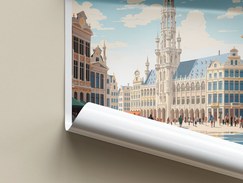 May include: A colorful illustration of the Grand Place in Brussels, Belgium. The image features the iconic Town Hall with its tall spire and ornate facade, surrounded by other historic buildings. The square is bustling with people.