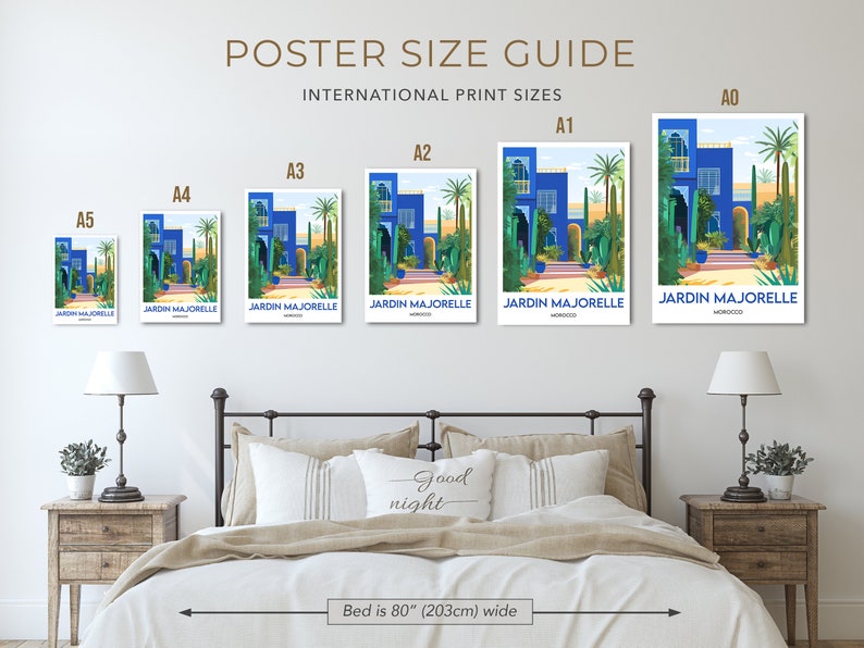 Pu&ograve; includere: Una guida alle dimensioni dei poster, che mostra diverse dimensioni di un poster con un edificio blu e palme, etichettate con i formati di carta internazionali A0, A1, A2, A3, A4 e A5. Il poster &egrave; intitolato "Jardin Majorelle, Marocco". La guida mostra come i poster apparirebbero su una parete accanto a un letto largo 203 cm.